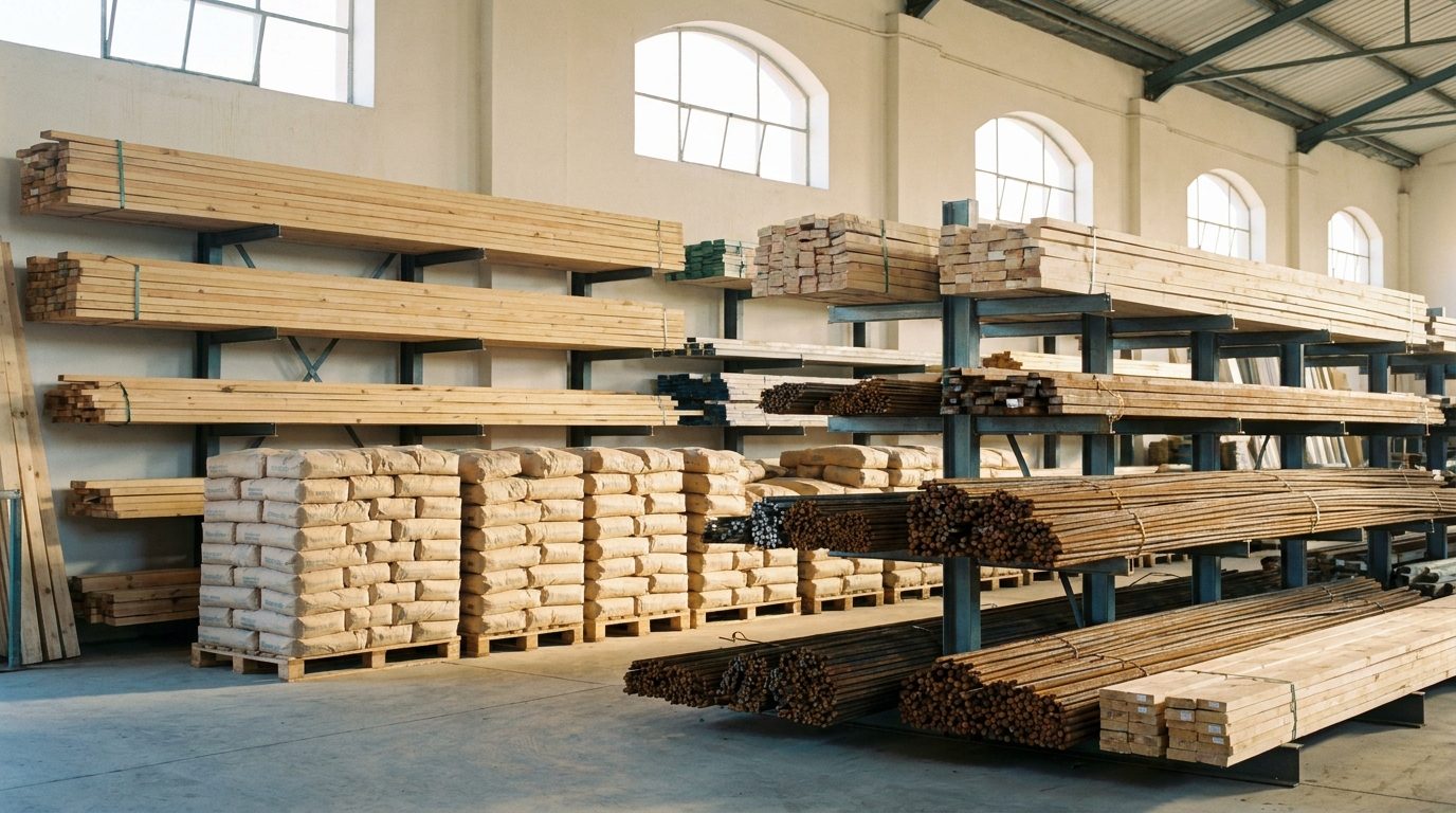 Stacked cement, steel and timber inside the Adwat Al Najah materials store