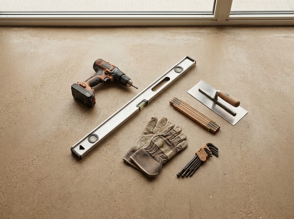 Professional construction tools arranged on a concrete surface