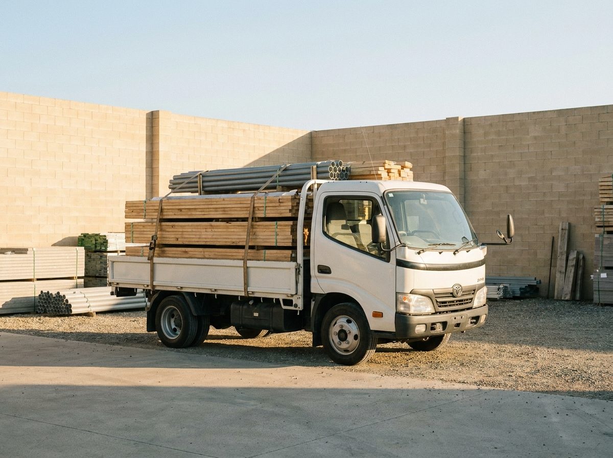 Delivery truck loaded with building materials in the supplier yard